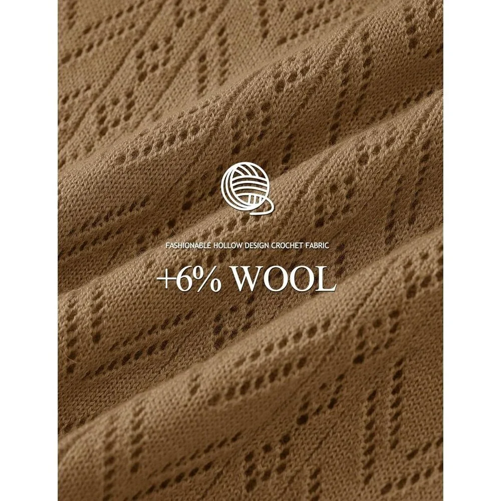 Women's Camel Wool Long Sleeve Crochet Pullover V Neck Lightweight Sweater - Picture 5 of 7